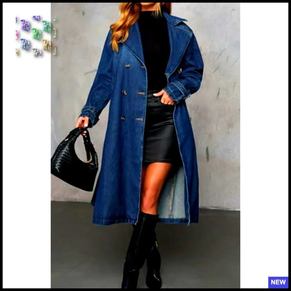 Vintage Double Breasted Denim Trench Coat Duster Blazer Jacket Belted